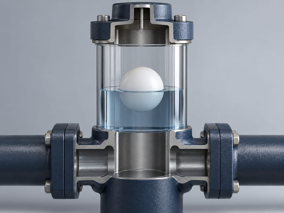 Conceptual CGI: Transparent vertical liquid indicator chamber, one white HDPE sphere floating at a visible liquid meniscus; simple vented conceptual housing, no valves or impossible pipework