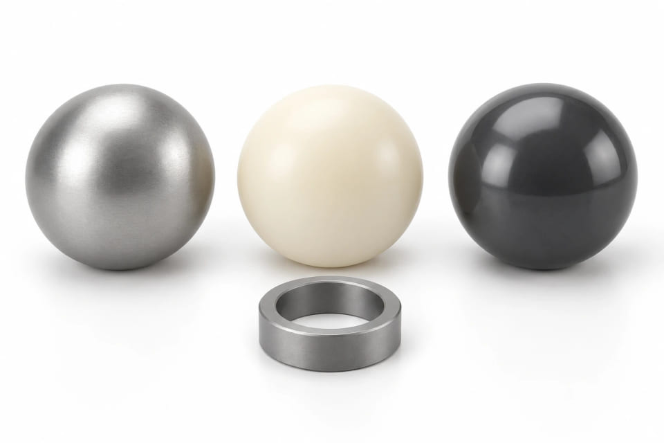 CGI concept of equal-size steel, polymer and ceramic spheres with different material surfaces beside a seat