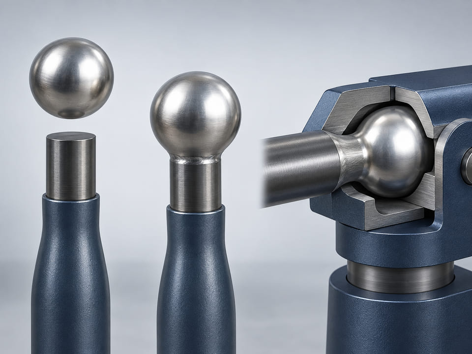 Conceptual CGI: industrial steel handle end with a silver sphere before and after a conceptual weld attachment; visible smooth joint but no sparks or people