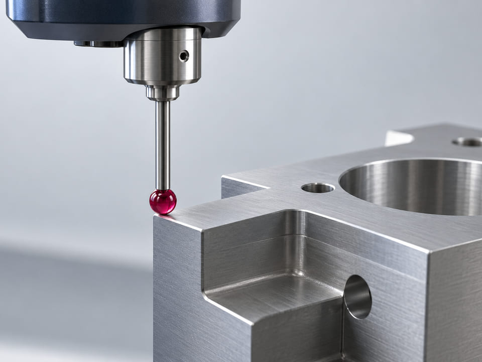 Conceptual CGI: Precision metrology stylus concept with one ruby-red sphere attached to a slim metal stem approaching a neutral machined reference block, no numeric readout or implied calibration