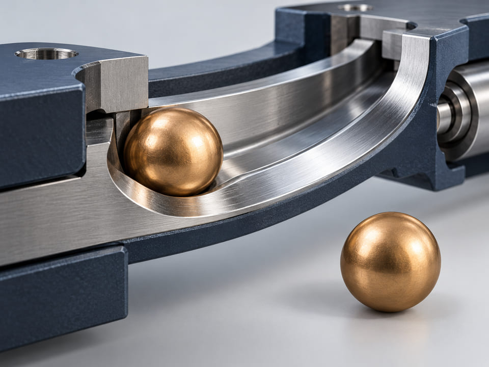 Conceptual CGI: warm bronze sphere on a smooth curved steel track, plus a separated intact sphere showing contact-material pairing rather than abstract hardness claims