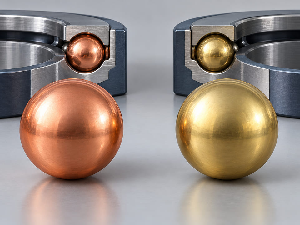 Conceptual CGI: pure copper sphere and a yellow brass sphere side by side, warm red copper versus muted yellow copper-zinc alloy, no labels