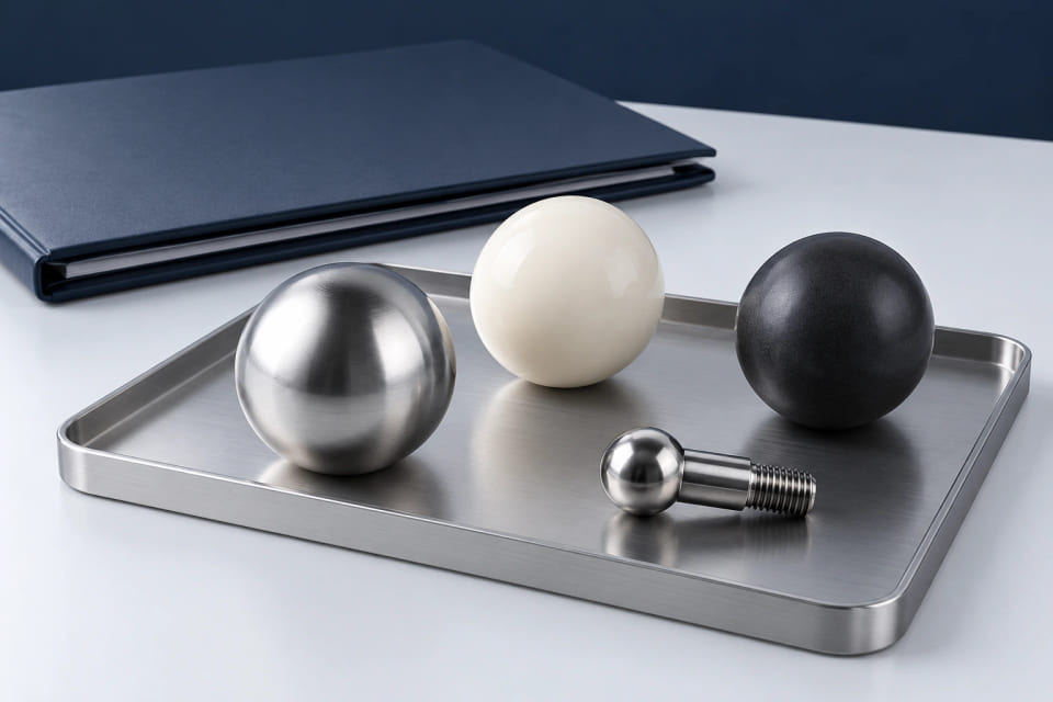 Material spheres and a threaded component on a conceptual project-review workbench.