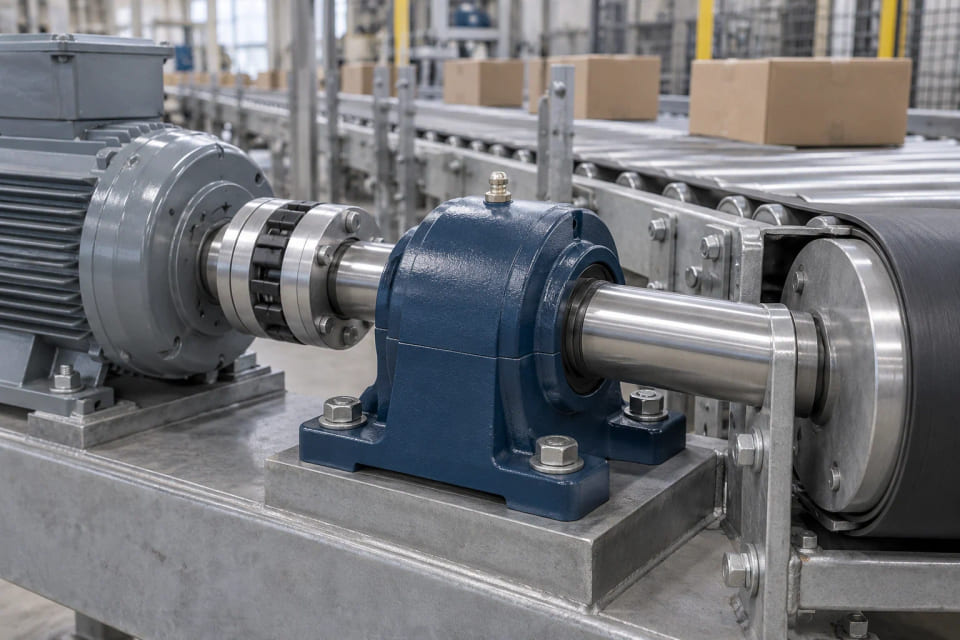 CGI application scene of a bearing housing supporting an industrial conveyor drive
