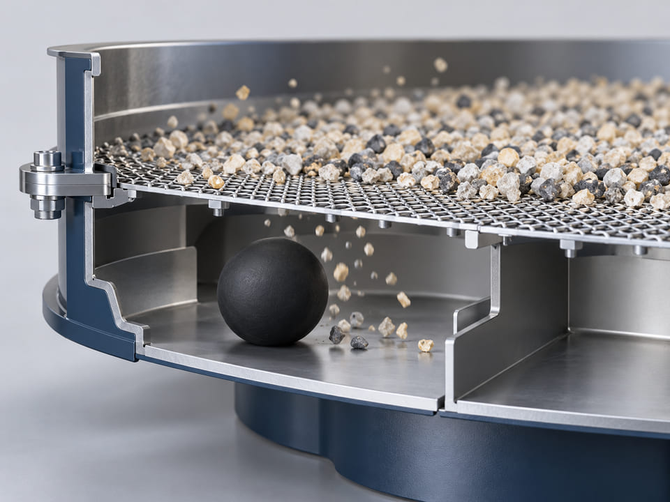 Conceptual CGI: A section of an industrial sieve with one matte black rubber cleaning sphere in a compartment under the screen mesh, clear space for gentle ball movement; clean abstract grain-free industrial scene