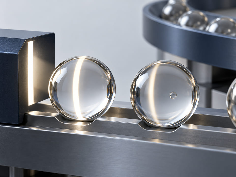 Conceptual CGI: Clear soda-lime glass sphere lit by a narrow bright inspection stripe beside another sphere with a subtle internal bubble shown as a rejected visual concept; no labels or claims