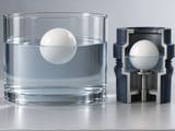 Conceptual CGI: White polypropylene sphere floating partly immersed in a clear water vessel beside a small open sample chamber; explain buoyancy concept with a clean visible meniscus