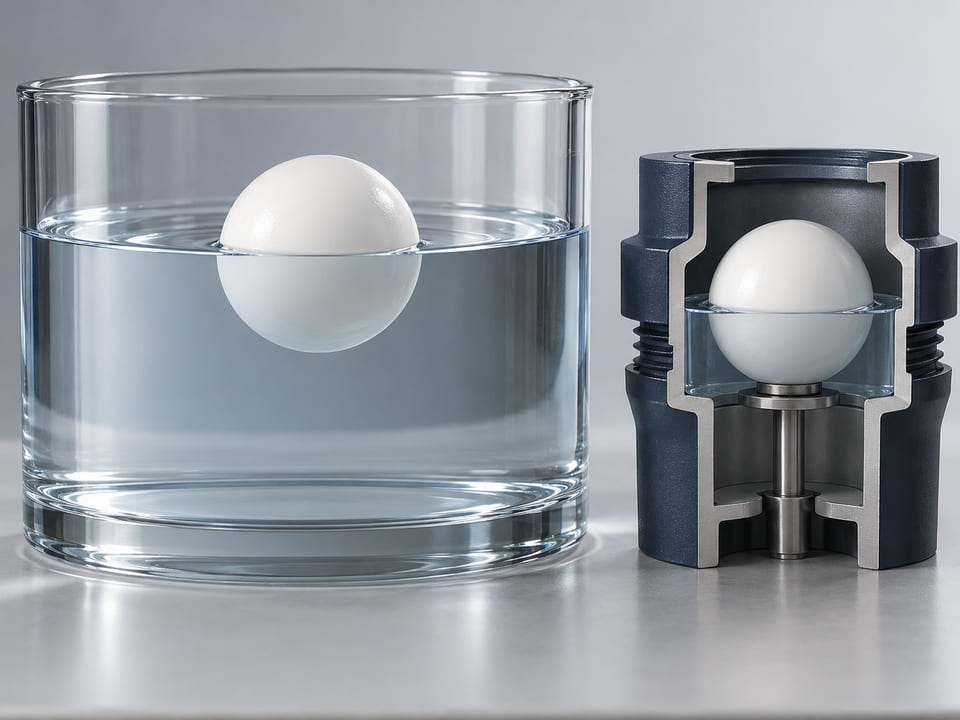 Conceptual CGI: White polypropylene sphere floating partly immersed in a clear water vessel beside a small open sample chamber; explain buoyancy concept with a clean visible meniscus