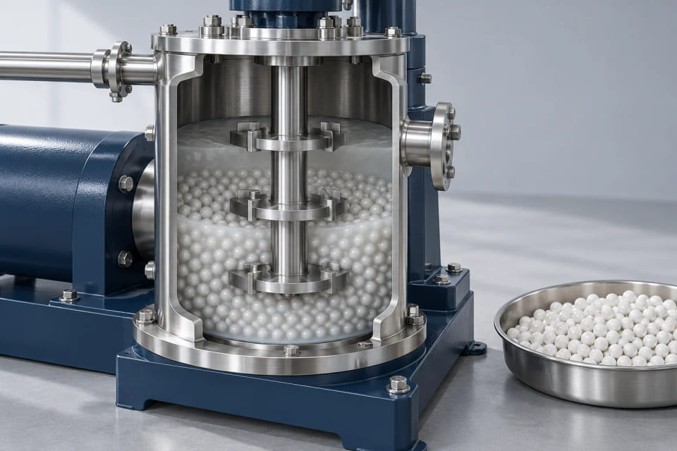 CGI concept of spherical media in a bead-mill chamber