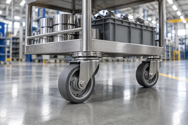 CGI application scene of swivel casters supporting a factory transport trolley