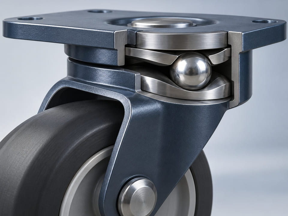 Conceptual CGI: open compact caster bearing race showing a single silver ball contacting two curved steel raceways