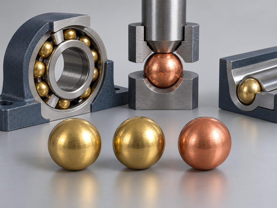 Conceptual CGI: two warm yellow brass spheres and one reddish pure copper sphere, metal color comparison with no chemical composition labels