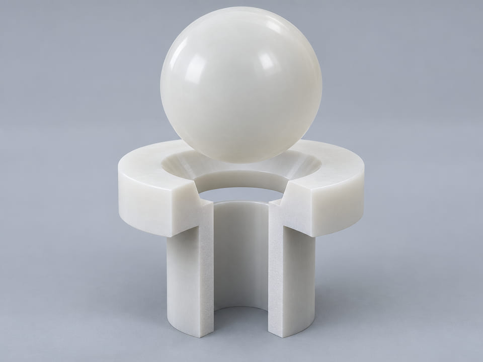 Conceptual CGI: Complete Polypropylene; homopolymer or copolymer and additives identified sphere above a conical annular seat and an aligned open vertical bore; axial component contact concept