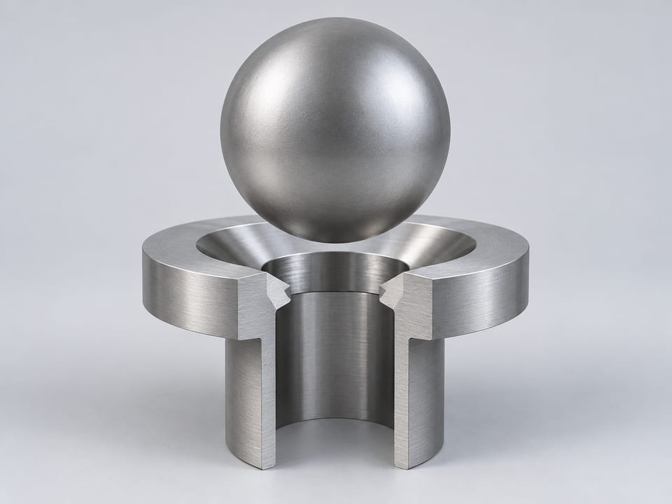 Conceptual CGI: Complete Specified commercially pure titanium or titanium alloy, including grade and condition sphere above a conical annular seat and an aligned open vertical bore; axial component contact concept