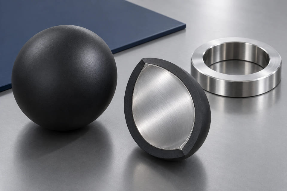 CGI concept of an intact coated-core sphere, its deliberate section and a separate seat