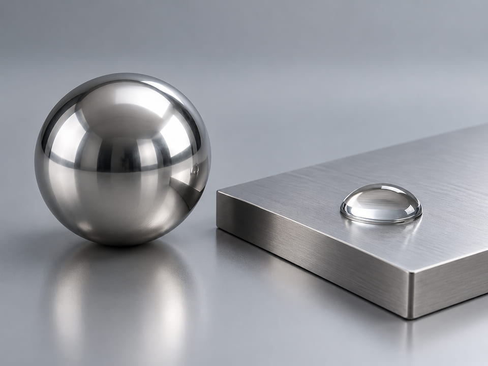 Conceptual CGI: Complete stainless sphere beside a flat stainless coupon and water droplet; surface and environment review concept