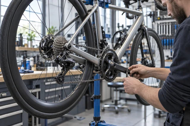 CGI application scene of bicycle drivetrain maintenance in a repair workshop