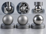 Conceptual CGI: two same-size satin grey titanium spheres on separate neutral trays plus a silver steel sphere, material-comparison concept without labels or certificates