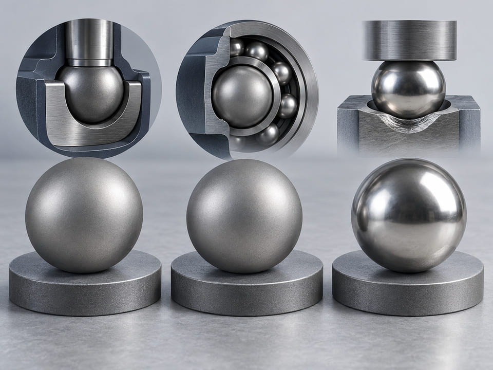 Conceptual CGI: two same-size satin grey titanium spheres on separate neutral trays plus a silver steel sphere, material-comparison concept without labels or certificates
