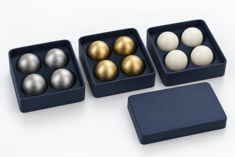 CGI concept of steel, brass and polymer samples separated into three fitted trays