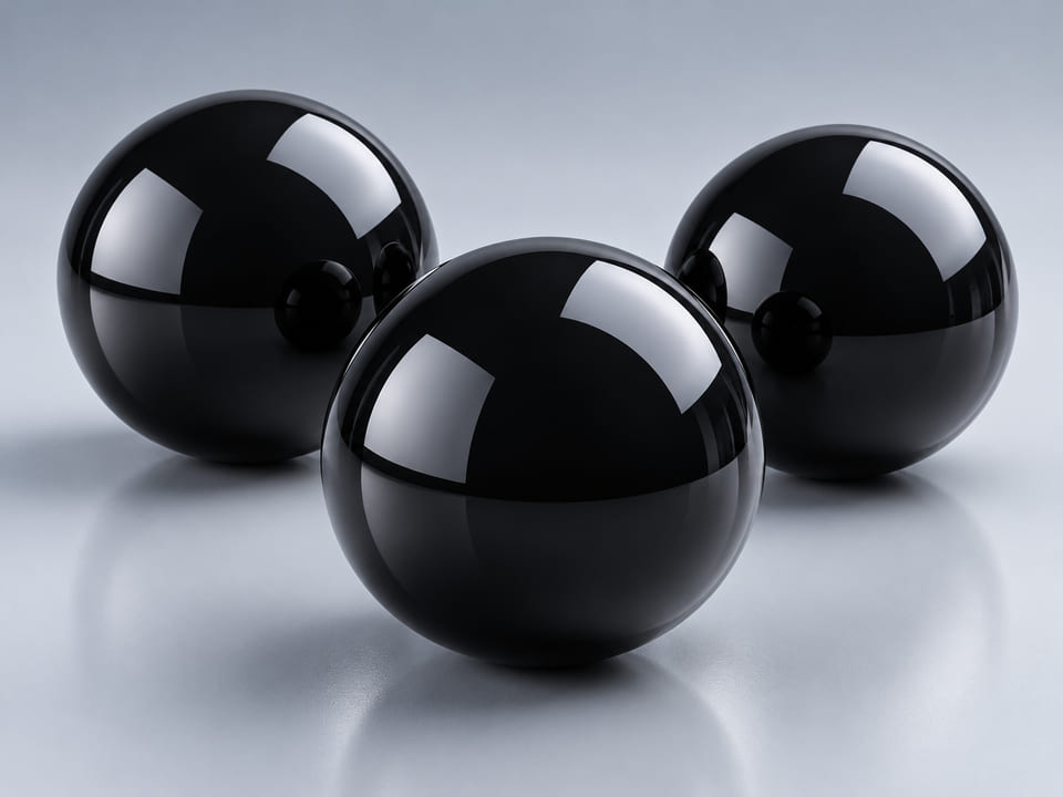 CGI product concept of Black Glass Balls; illustrative material and geometry