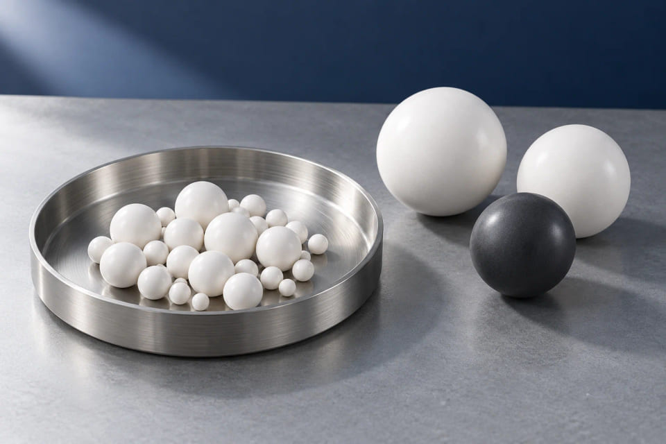 CGI product-material illustration of ceramic spheres and grinding beads