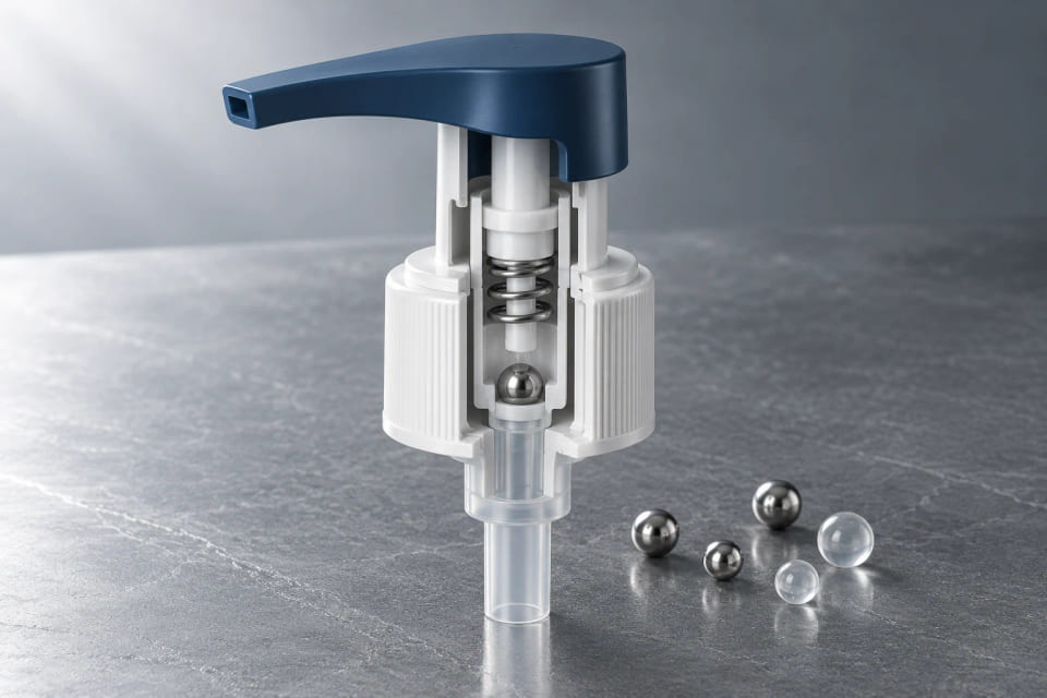 CGI miniature dispenser-pump cutaway showing a constrained check ball