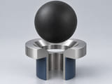 Conceptual CGI: Complete Core plus specified elastomer sphere above a conical annular seat and an aligned open vertical bore; axial component contact concept