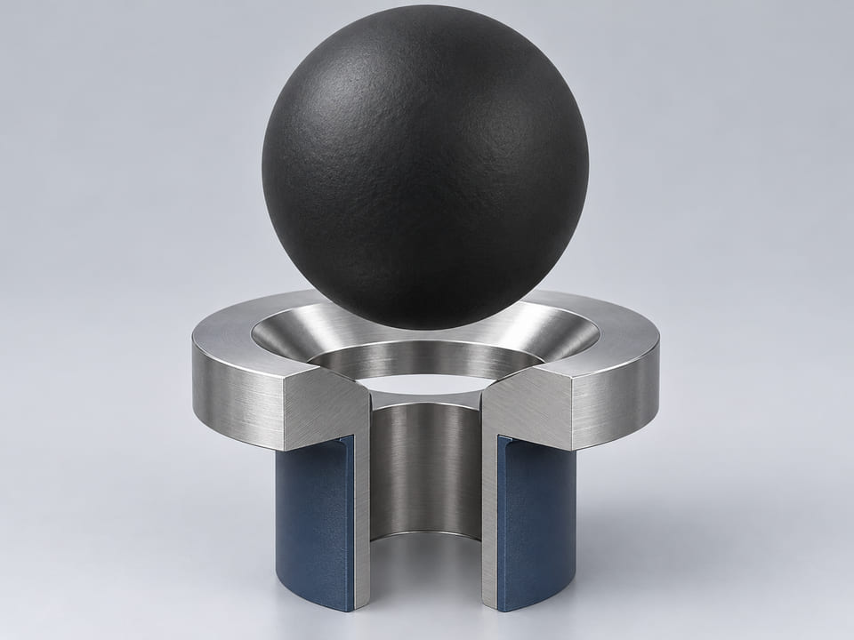 Conceptual CGI: Complete Core plus specified elastomer sphere above a conical annular seat and an aligned open vertical bore; axial component contact concept