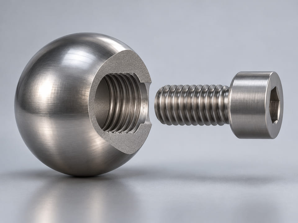 Conceptual CGI: Exploded view of a single stainless sphere with a circular blind threaded bore, a short matching screw aligned coaxially but separated, visible thread profile and substantial remaining wall, no measuring values