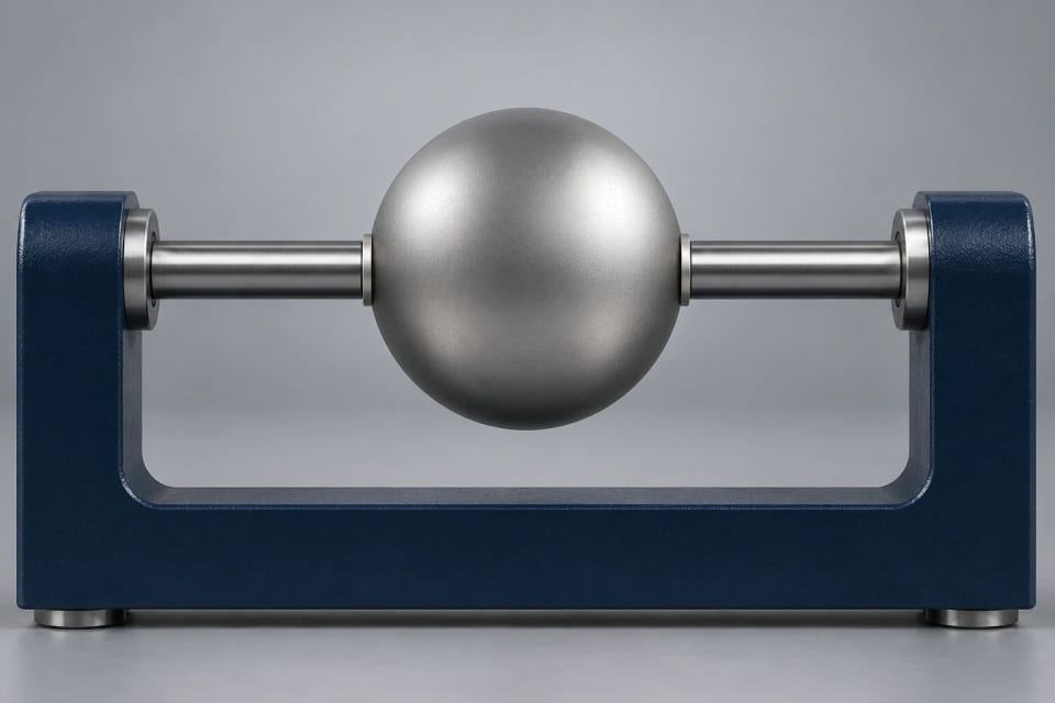 A steel sphere touches two opposed comparator anvils at its diametric tangent points.