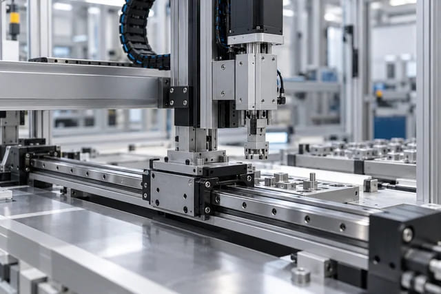 CGI application scene of a linear-guide carriage in an automated gantry cell