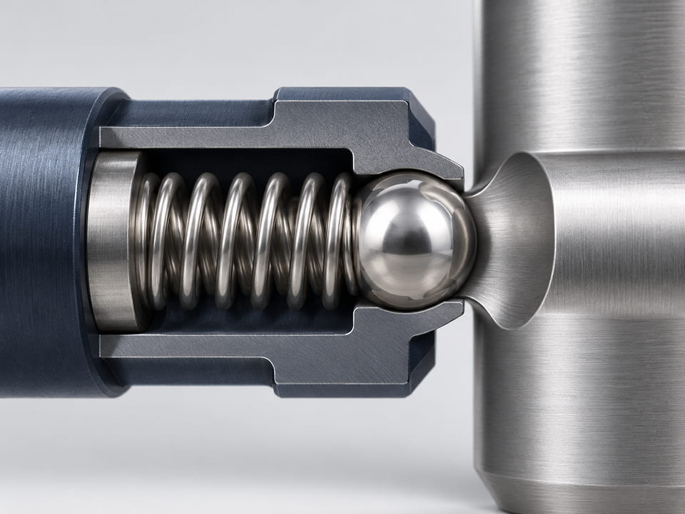 Conceptual CGI: small stainless detent mechanism cutaway with spring, silver sphere and rounded groove