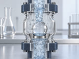 Conceptual CGI: Laboratory fluid chamber concept with a clear borosilicate sphere retained against an annular seat in a transparent vertical fitting, clean bench background