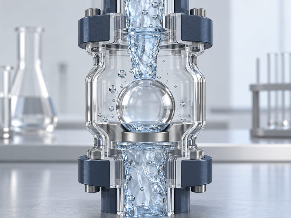 Conceptual CGI: Laboratory fluid chamber concept with a clear borosilicate sphere retained against an annular seat in a transparent vertical fitting, clean bench background