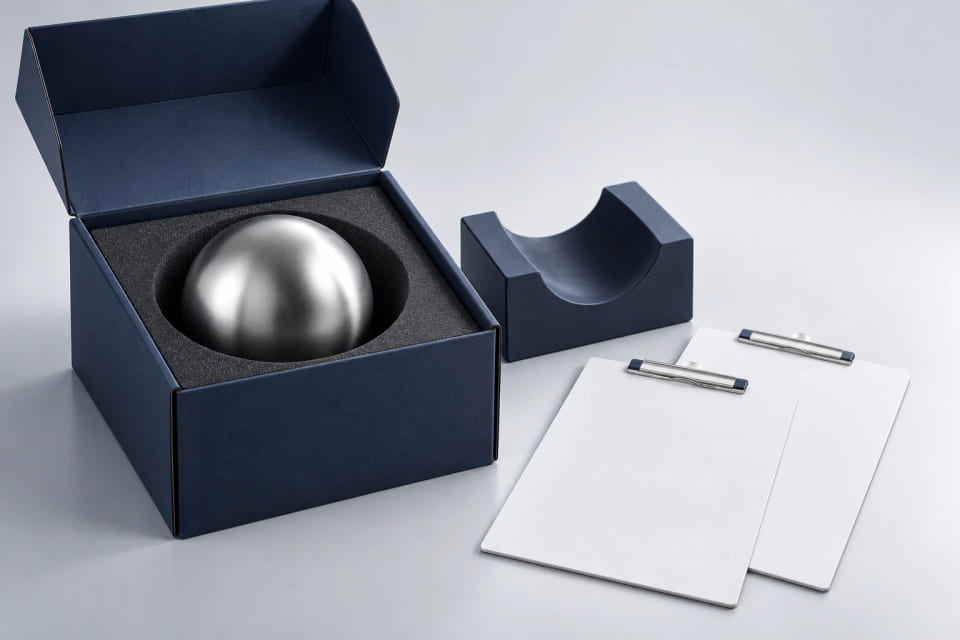 A protected sphere, sample cradle and blank project sheets prepared for a purchasing handover.