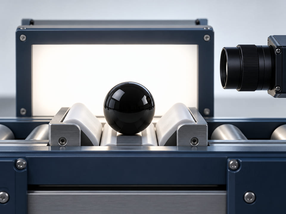 Conceptual CGI: Industrial visual sorting fixture with one black glass sphere against a pale backlit camera inspection background, simple camera lens at edge, no results or numbers