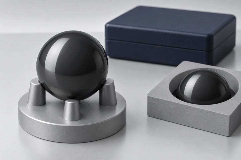 CGI concept of a ceramic sphere in a three-point cradle beside a retained representative sample