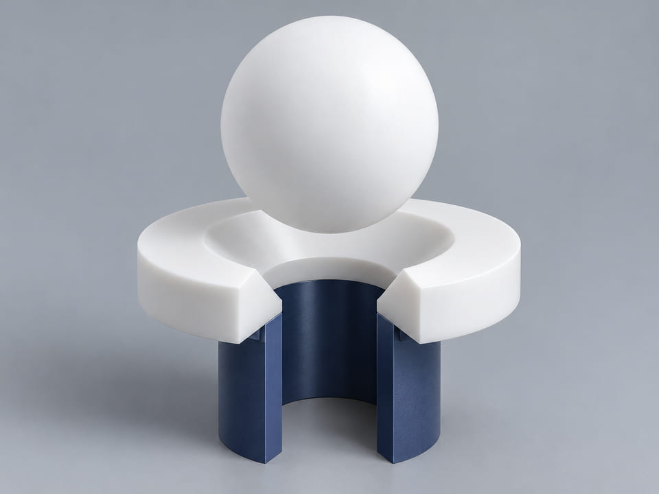 Conceptual CGI: Complete PTFE; unfilled or a named filled compound sphere above a conical annular seat and an aligned open vertical bore; axial component contact concept
