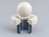 Conceptual CGI: Complete Stabilised zirconium oxide, ZrO2; grade and stabiliser identified sphere above a conical annular seat and an aligned open vertical bore; axial component contact concept