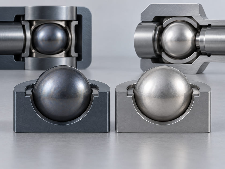 Conceptual CGI: blue-grey tantalum sphere beside pale silver titanium sphere in distinct shallow circular recesses, realistic material comparison with no claimed purity