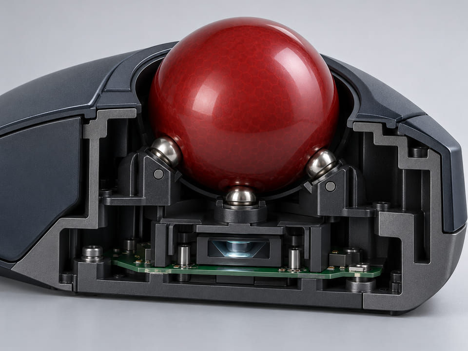 Conceptual CGI: Cutaway industrial trackball module: large red subtly patterned resin sphere resting on three tiny support balls, optical sensor window underneath, compact black enclosure; believable geometry