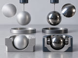 Conceptual CGI: same-diameter pale satin aluminium sphere beside a darker polished steel sphere, suspended separately over neutral trays, no unsupported weight numbers