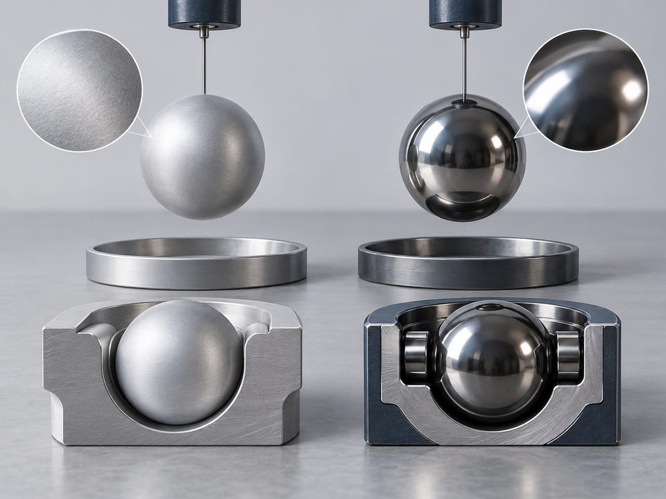 Conceptual CGI: same-diameter pale satin aluminium sphere beside a darker polished steel sphere, suspended separately over neutral trays, no unsupported weight numbers