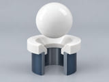 Conceptual CGI: Complete Aluminium oxide, Al2O3; purity and ceramic grade specified sphere above a conical annular seat and an aligned open vertical bore; axial component contact concept