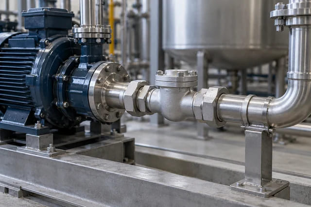 CGI application scene of a non-return valve installed beside an industrial pump