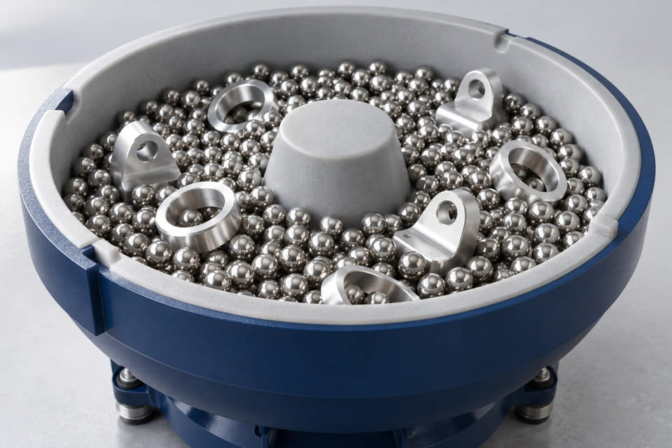 CGI vibratory-finishing bowl with spherical steel media and separate metal workpieces