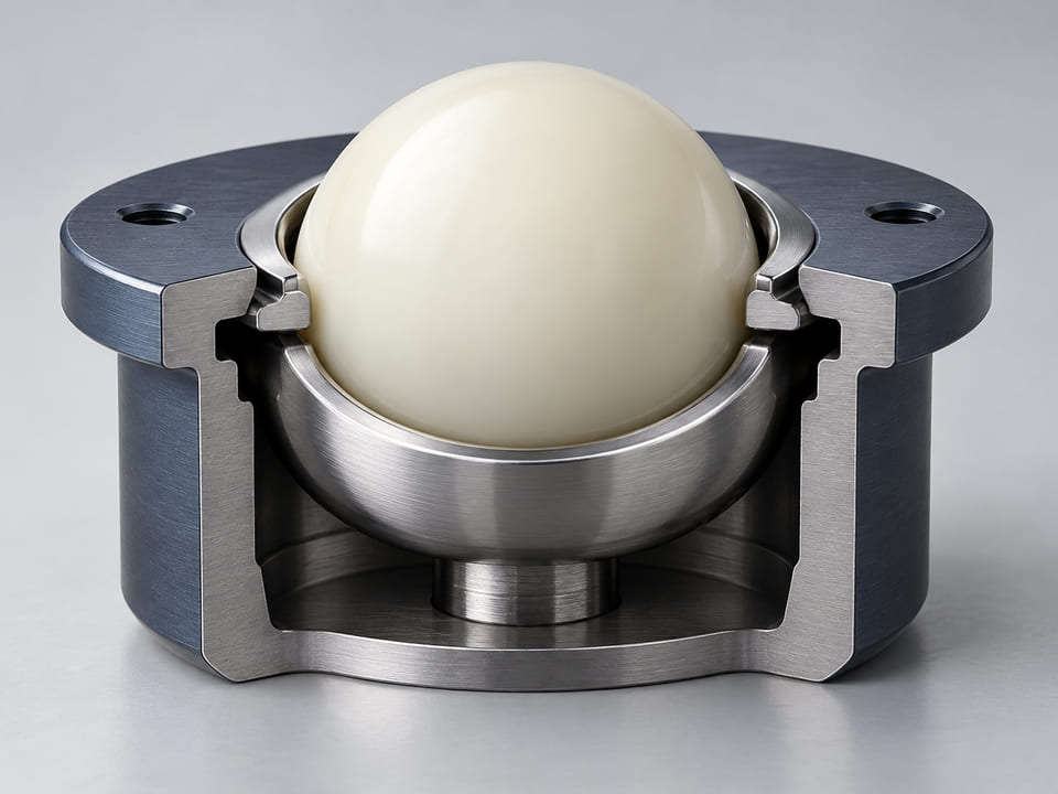 Conceptual CGI: Cutaway compact low-load ball transfer socket: one ivory nylon sphere supported in a restrained stainless cup, ring contact clearly visible, no labels, no section through ball