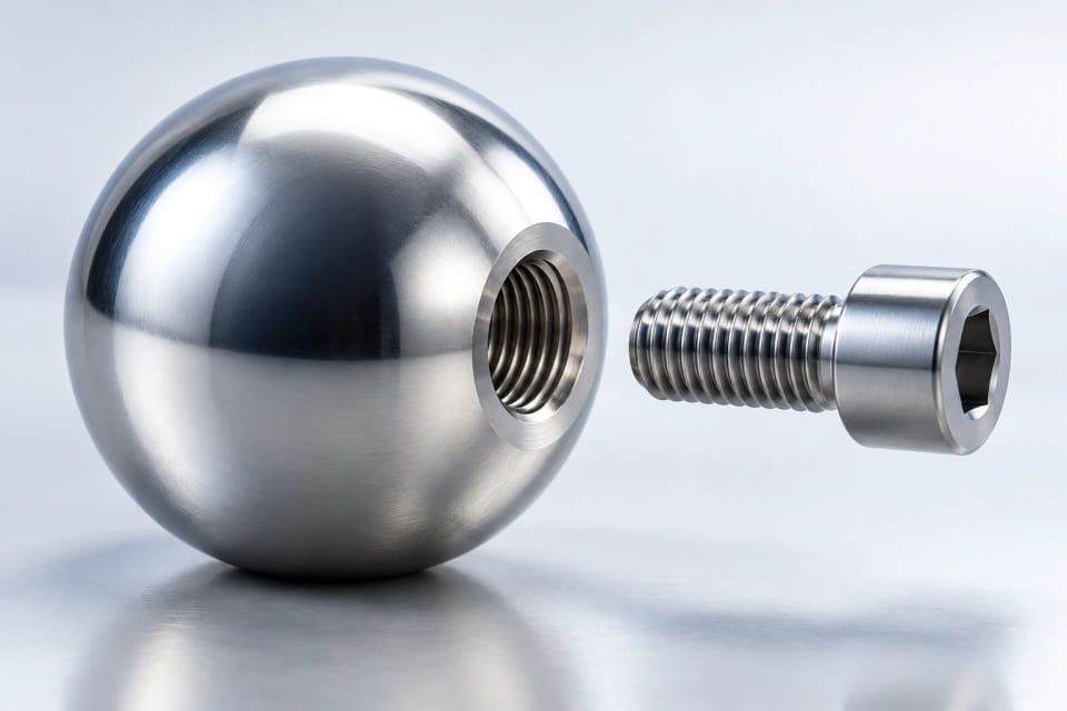 A threaded steel sphere and its coaxially aligned mating screw.