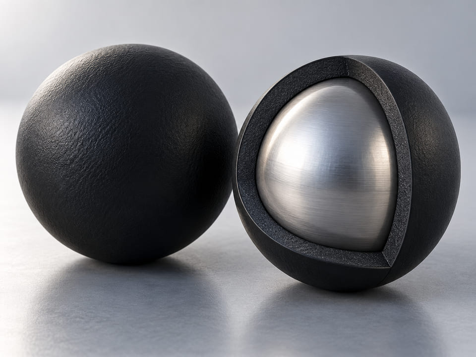 Conceptual CGI: Cutaway of a black rubber-coated sphere revealing one solid silver metal core with a uniform thick black elastomer shell, beside an intact matching sphere; coating bond shown simply, no exploded flakes